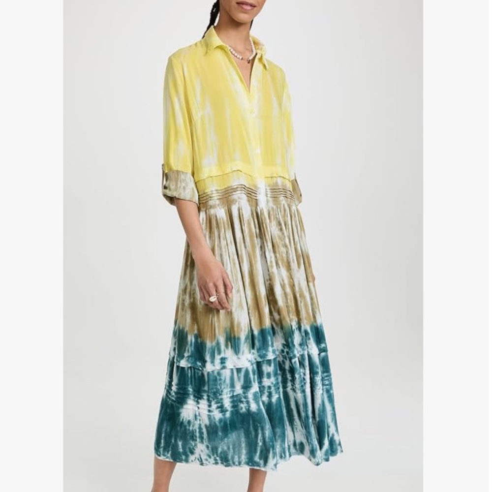 Young Fabulous & Broke Joanie Shirt Dress | Aqua Khaki Yellow Tie Dye | Size M